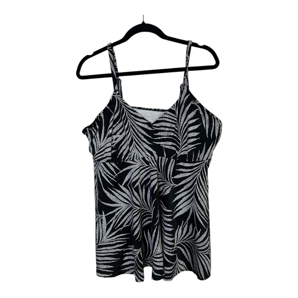 Swim Solutions Black White Palm Leaf Printed Swim Tankini Top Size 18 New